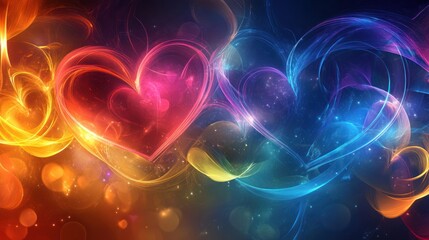 Two glowing hearts, red and blue, in abstract smoky swirls.