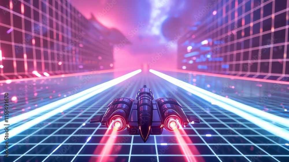 Poster a spaceship flying over a grid with a glowing sunset and a distant planet.