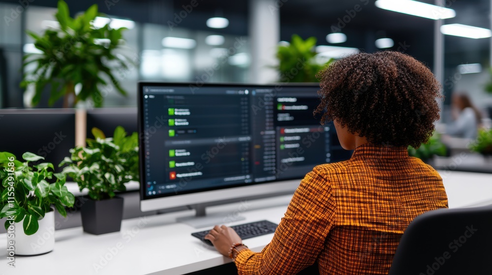 Poster Computer programmer working on innovative software in a modern office filled with lush plants, blending technology and nature seamlessly
