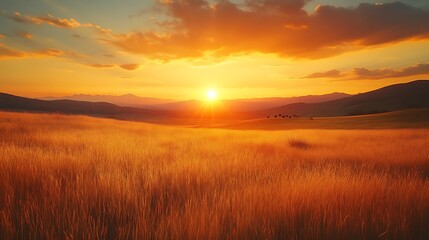 Golden sunset over rolling hills and wheat field.