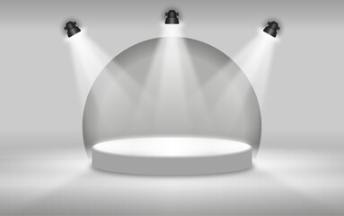 White Podium. Pedestal for winners standing white showroom round platforms presentation vector templates with black lighting stage 3 side. Podium or pedestal winner, stage platform illustration.