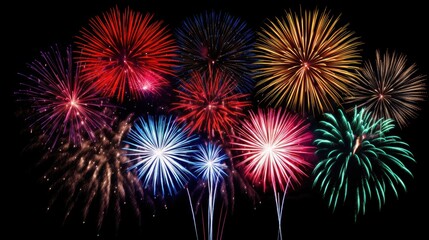 Fototapeta premium Enchanting Festive Fireworks Display on Black Background, Celebratory Atmosphere for Special Events