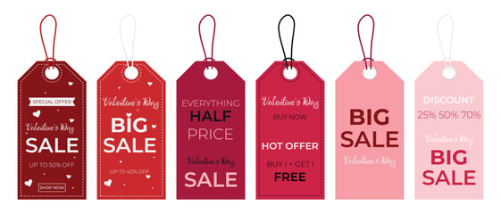 Big vector Valentine's day sale label set. Love day discount, big sale, special, hot offer, half price tag and shop now. Romantic sale up to 50%, 40%, 25%, 70% off shopping tag. Sale banner template
