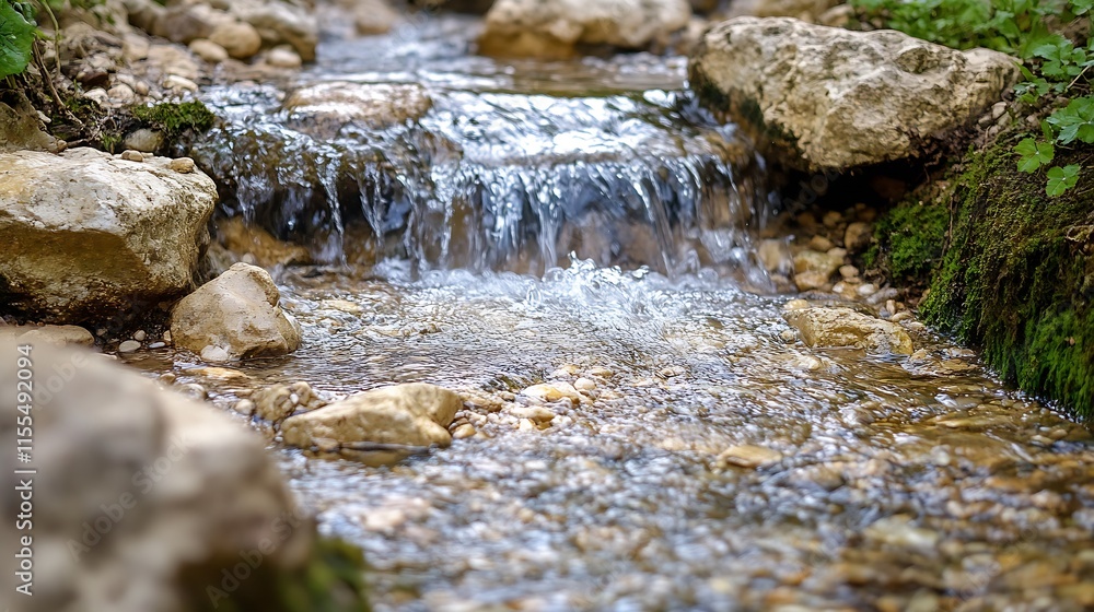 Poster Freshflowing Clear Stream Gently Cascading over Rocks in Natural Tranquil Forest Setting : Generative AI