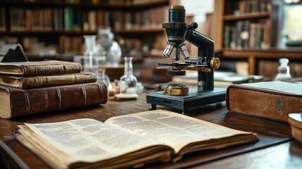 Antique microscope and books on a wooden table in a library.