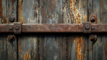 A close-up of a weathered metal door with rust and bolts, showcasing industrial decay.