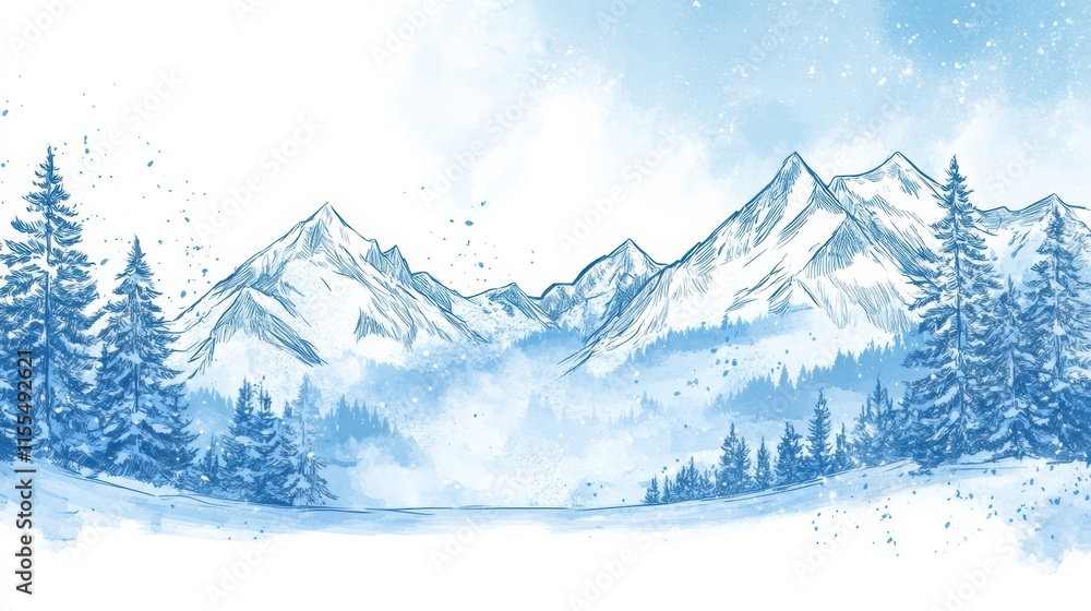 Aufkleber winter doodle capturing the serenity of snowy mountains and pine trees in a minimalist style. genera