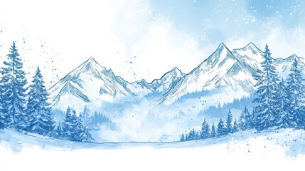 Winter doodle capturing the serenity of snowy mountains and pine trees in a minimalist style. Generative AI