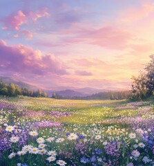 Obraz premium Beautiful Colorful Wildflower Field Under A Vibrant Sunset Sky Surrounded By Majestic Mountains And Lush Green Trees In A Serene Nature Landscape