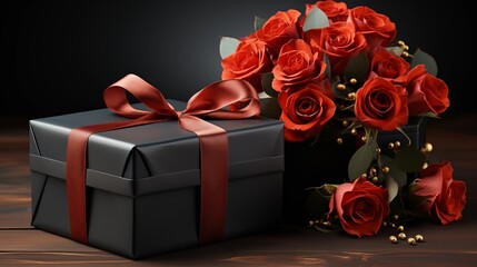 Two black gift boxes with red ribbons with a flowers.