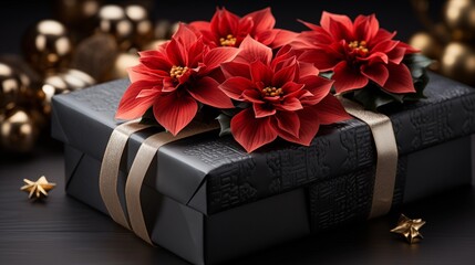 Two black gift boxes with red ribbons and poinsettia flowers.