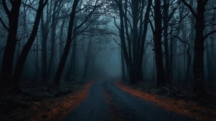 Naklejka premium Mysterious dark forest. dark and moody forest road covered in mist. halloween night background. Horror landscape of dark forest with scary tree