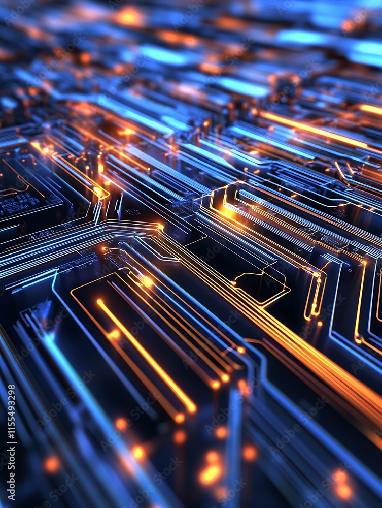 Leinwandbilder dynamic blue and orange circuit pattern illustrating network connections and technology : generative