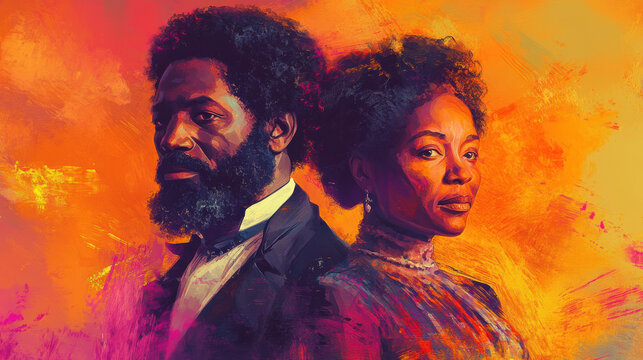 Portrait of abolitionist icons in a glowing artistic style: Black History Month