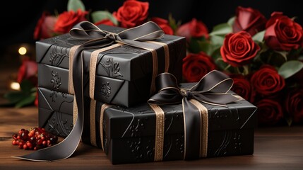 Two black gift boxes with red ribbons with a flowers.