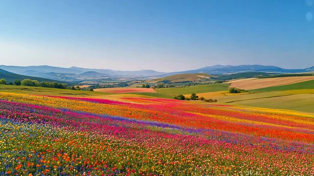 Aerial view of vibrant wildflower fields in full bloom, with a patchwork of colors stretching across rolling hills under a clear blue sky