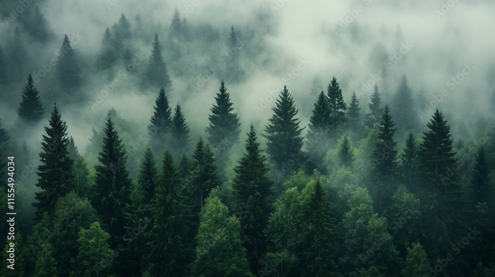 Poster majestic forest landscape with mist enveloping lush evergreen trees in serene wilderness : generativ