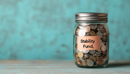 glass jar filled with coins labeled as stability fund, symbolizing savings