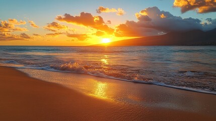 Vibrant sunset over ocean beach.