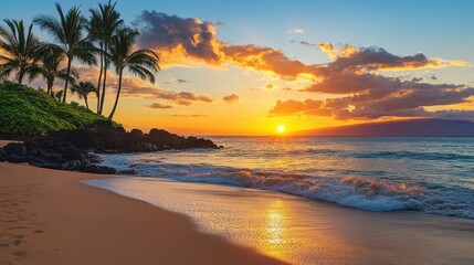 Tropical sunset beach scene with palm trees and ocean.