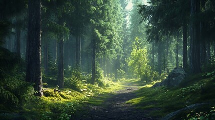 Obraz premium Peaceful Forest Path Surrounded by Lush Greenery and Towering Trees in Golden Light : Generative AI