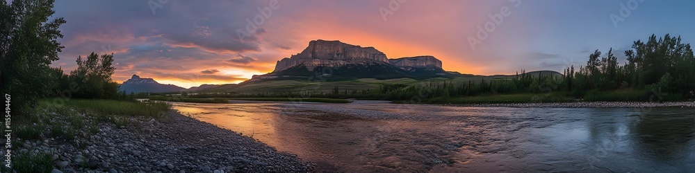 Aufkleber panoramic view of castle mountain glowing under fiery sunset hues. with the bow river creating a ser