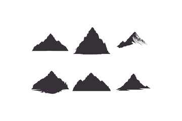 Mountain silhouette. Rocky range landscape shape. Hiking mountains peaks, hills and cliffs. Climbing stone mount abstract contour vector set. Illustration mountain silhouette shape, rocky cliff