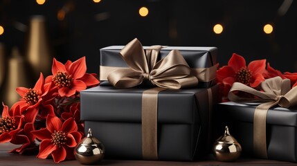 Two black gift boxes with red ribbons and poinsettia flowers.