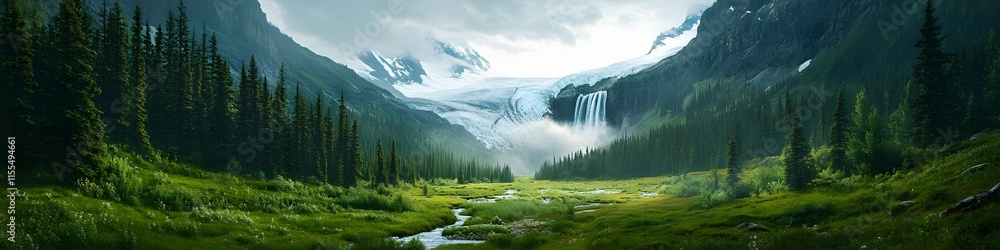 Aufkleber panoramic view of the bow glacier falls cascading into a lush alpine meadow. with dramatic cliffs gl