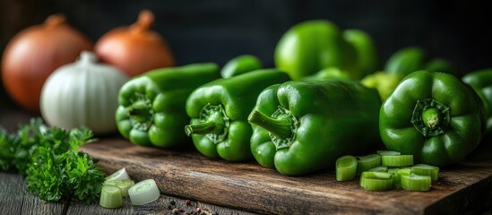 Vibrant Green Bell Peppers on Rustic Wooden Board
