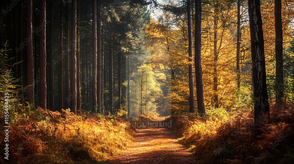 Poster goldhued autumn forest trail with sunlight illuminating tall trees : generative ai