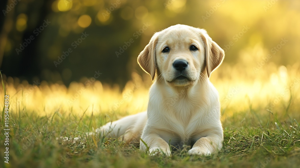 Poster golden retriever puppy lying on grass in warm sunlight : generative ai