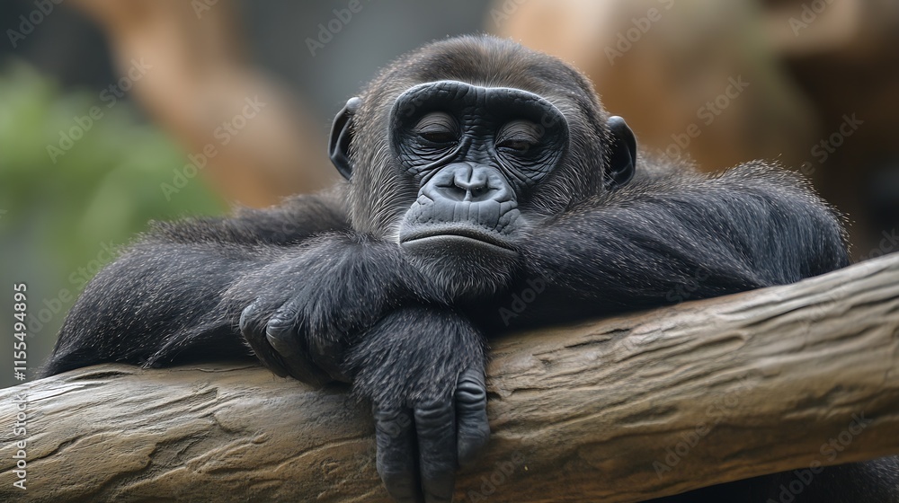 Poster sleepy gorilla resting on log amidst natural habitat in zoo : generative ai