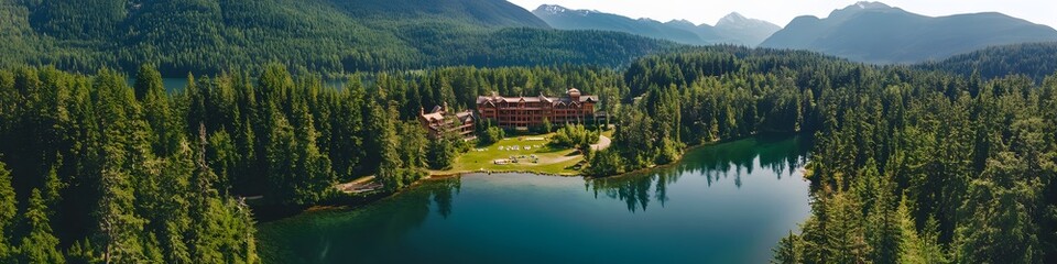 Fototapeta premium Aerial panorama of the Emerald Lake Lodge nestled in lush green forests. with the vibrant lake reflecting the surrounding peaks. in 4K resolution