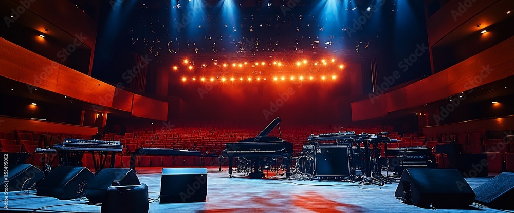 Poster a concert stage set for a live performance with musical instruments arranged.