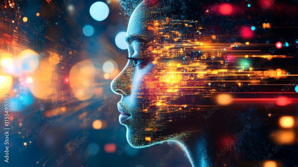 Poster dynamic representation of artificial intelligence blending with human features in vibrant colors