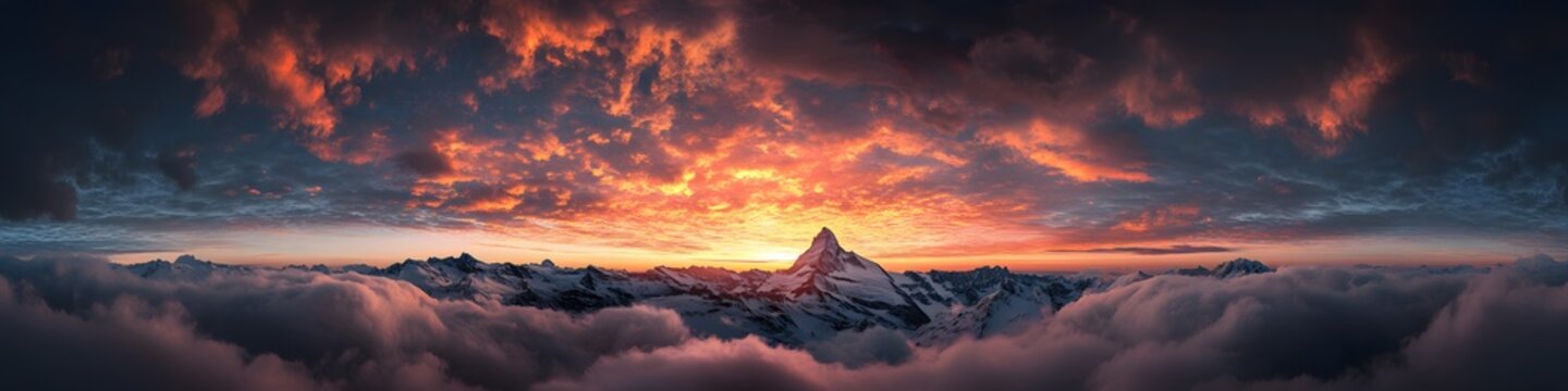 Wide-angle shot of the Matterhorn silhouetted against a fiery sunset sky. with dramatic clouds and snow-dusted peaks. in 4K resolution