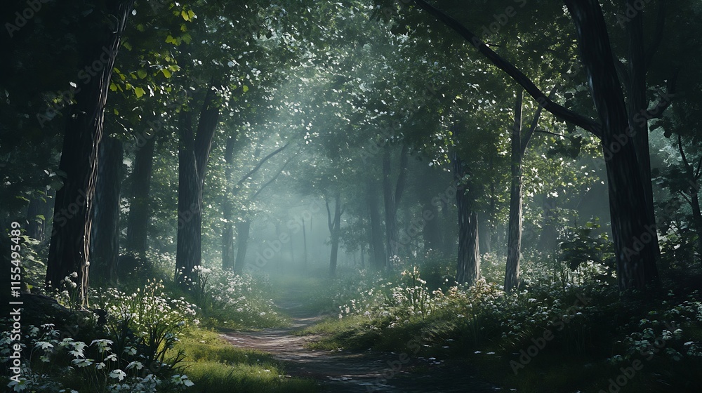 Poster enchanting forest path in sunlight with lush greenery and flowering flora : generative ai