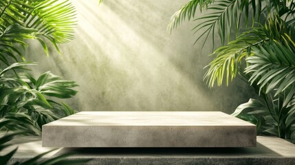 Serene natural setting with stone platform surrounded by lush greenery and soft sunlight filtering through leaves