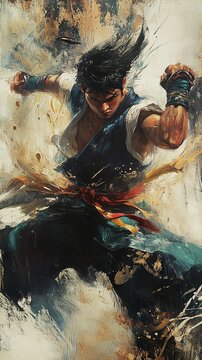Dramatic painting of a bokator fighter in mid-action, showcasing a traditional technique with vibrant colors and dynamic motion that reflect the art's rich history