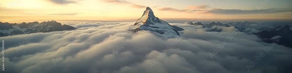Poster aerial panorama of the matterhorn surrounded by a sea of clouds. with only the peak visible under so