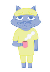 Frown anthropomorphic cat character with coffee in pajamas