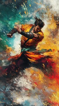Dramatic painting of a bokator fighter in mid-action, showcasing a traditional technique with vibrant colors and dynamic motion that reflect the art's rich history