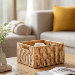 Fototapeta premium Natural wicker basket on wooden table in a cozy living room with soft furnishings and warm sunlight