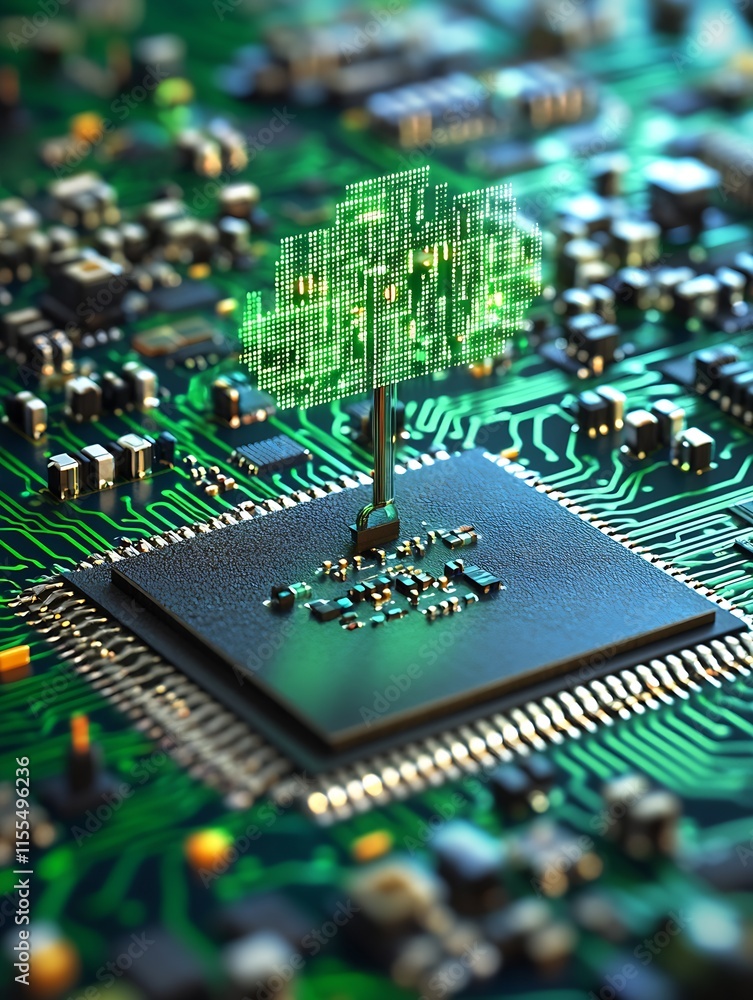 Poster Green Digital Cloud Growing from a Computer Microprocessor : Generative AI