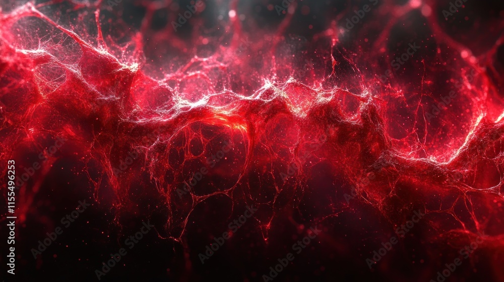 Poster abstract red energy flow, dynamic particle network, glowing fractal structure.