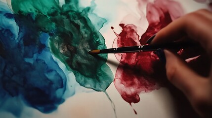 Emerald green blue burgundy ink blending and expanding with watercolor drip effect on paper