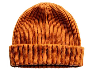 Fototapeta premium Orange knitted wool winter beanie with ribbed texture and a folded brim. Ideal for keeping warm in cold weather. Isolated on transparent background, png.