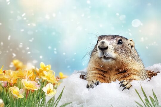  A close-up of a groundhog holding a small sign with letters "Happy Groundhog Day" surrounded by greenery and melting snow on a bright day