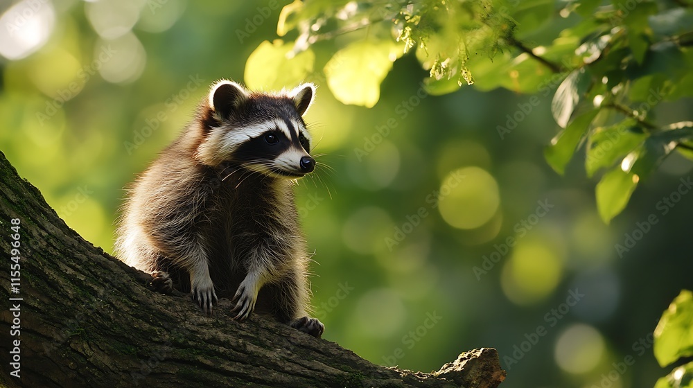 Poster playful raccoon resting on tree branch in sunlit forest : generative ai